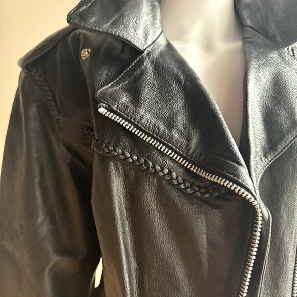 Vintage Black Leather Braided Detail Motorcycle Jacket M/L - Picture 5 of 10